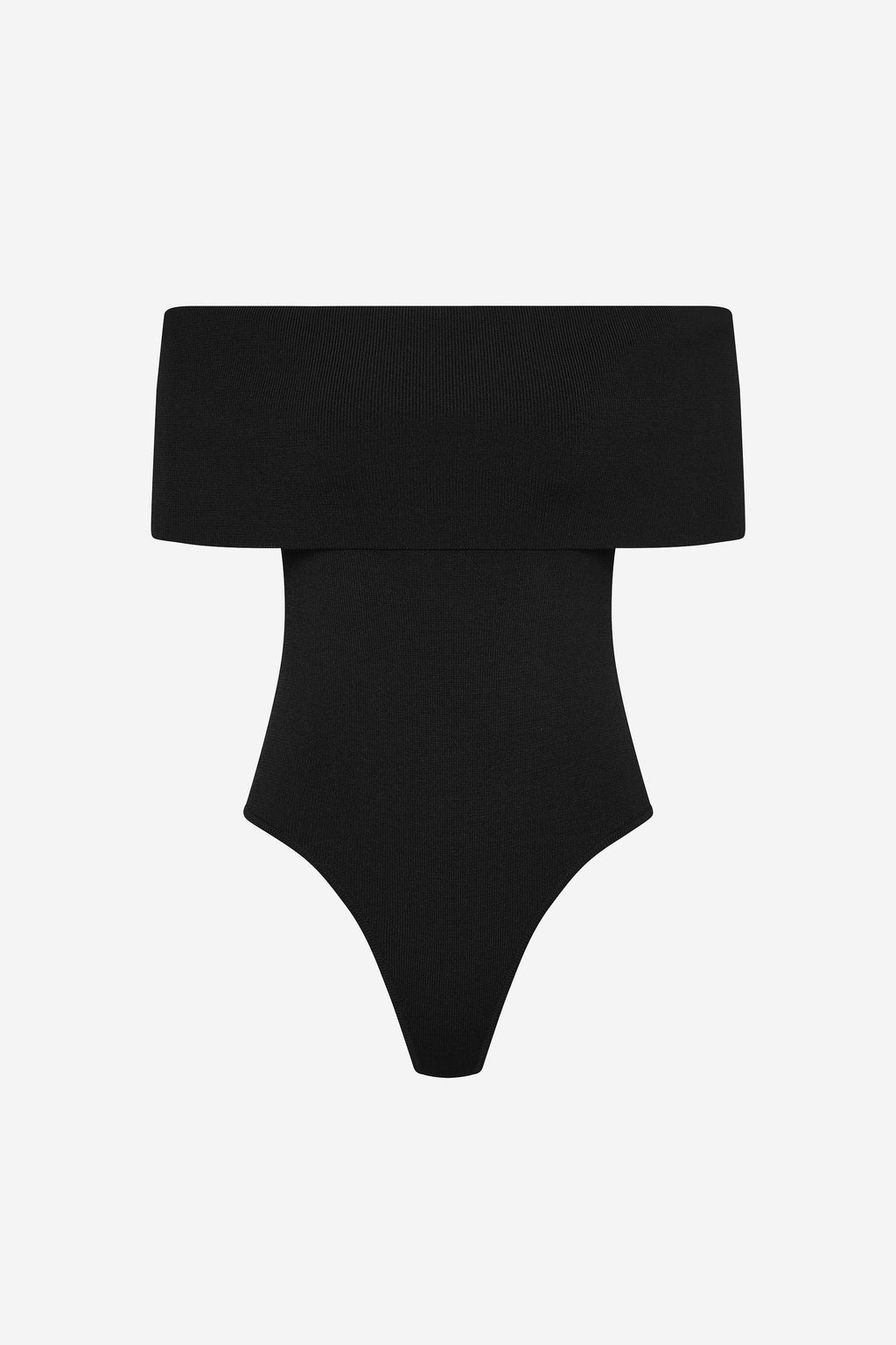 Black compact knit off-shoulder bodysuit with high-cut bottom