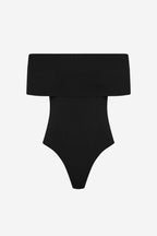 Black compact knit off-shoulder bodysuit with high-cut bottom
