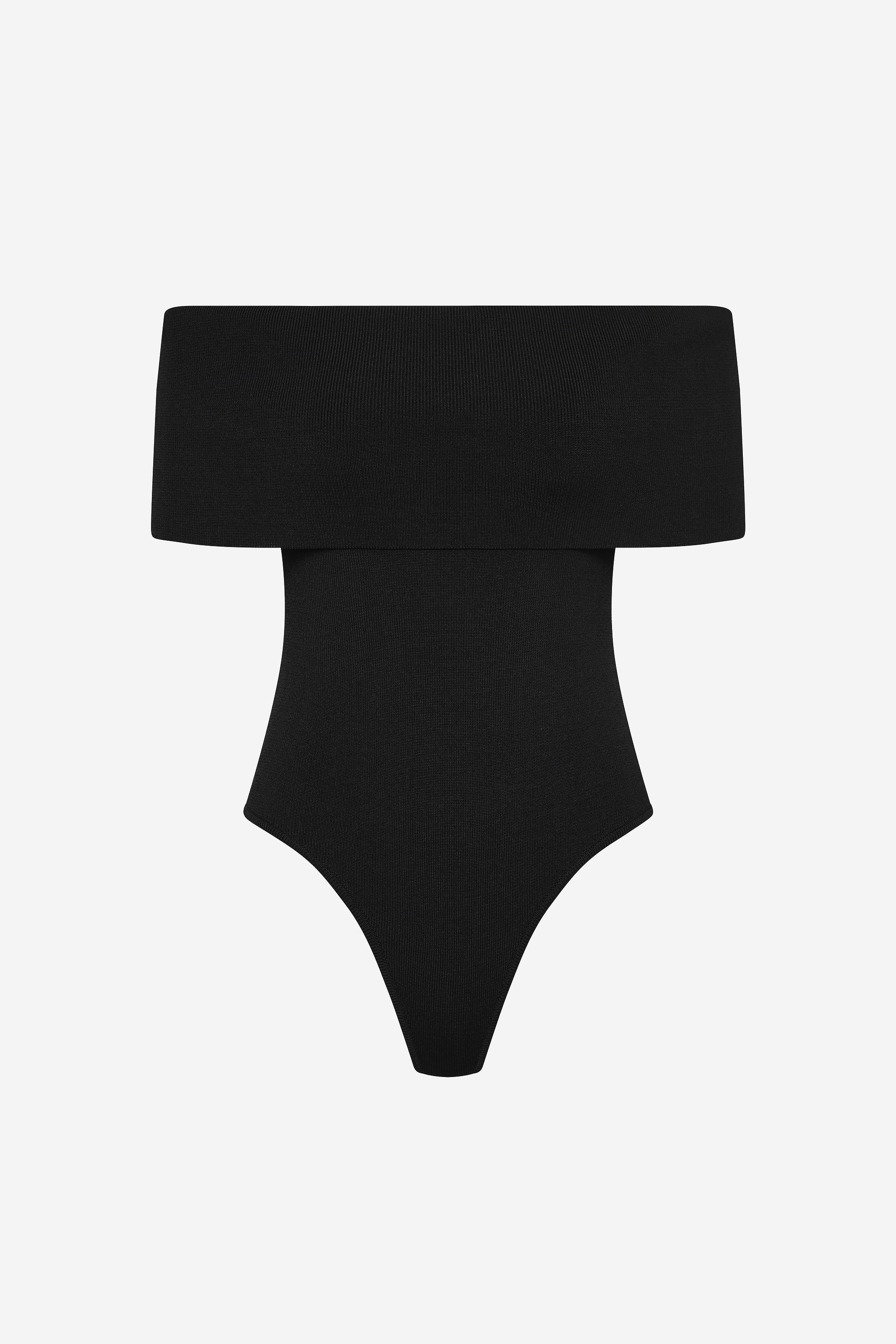 Black compact knit off-shoulder bodysuit with high-cut bottom