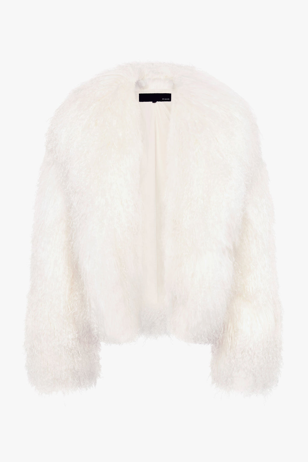 Ivory shearling coat back view with central vent and short collar