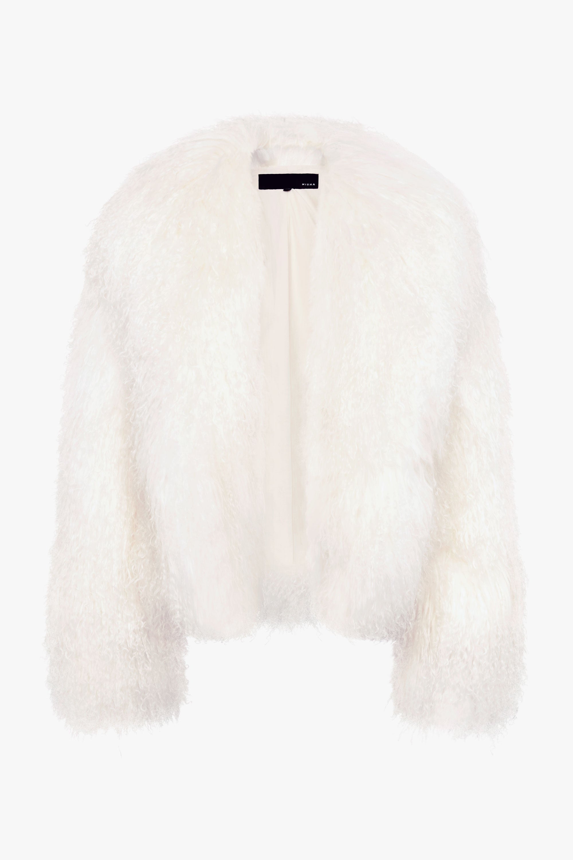 Ivory shearling coat back view with central vent and short collar