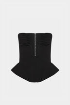 Black strapless corset top with boned front and curved peplum hem