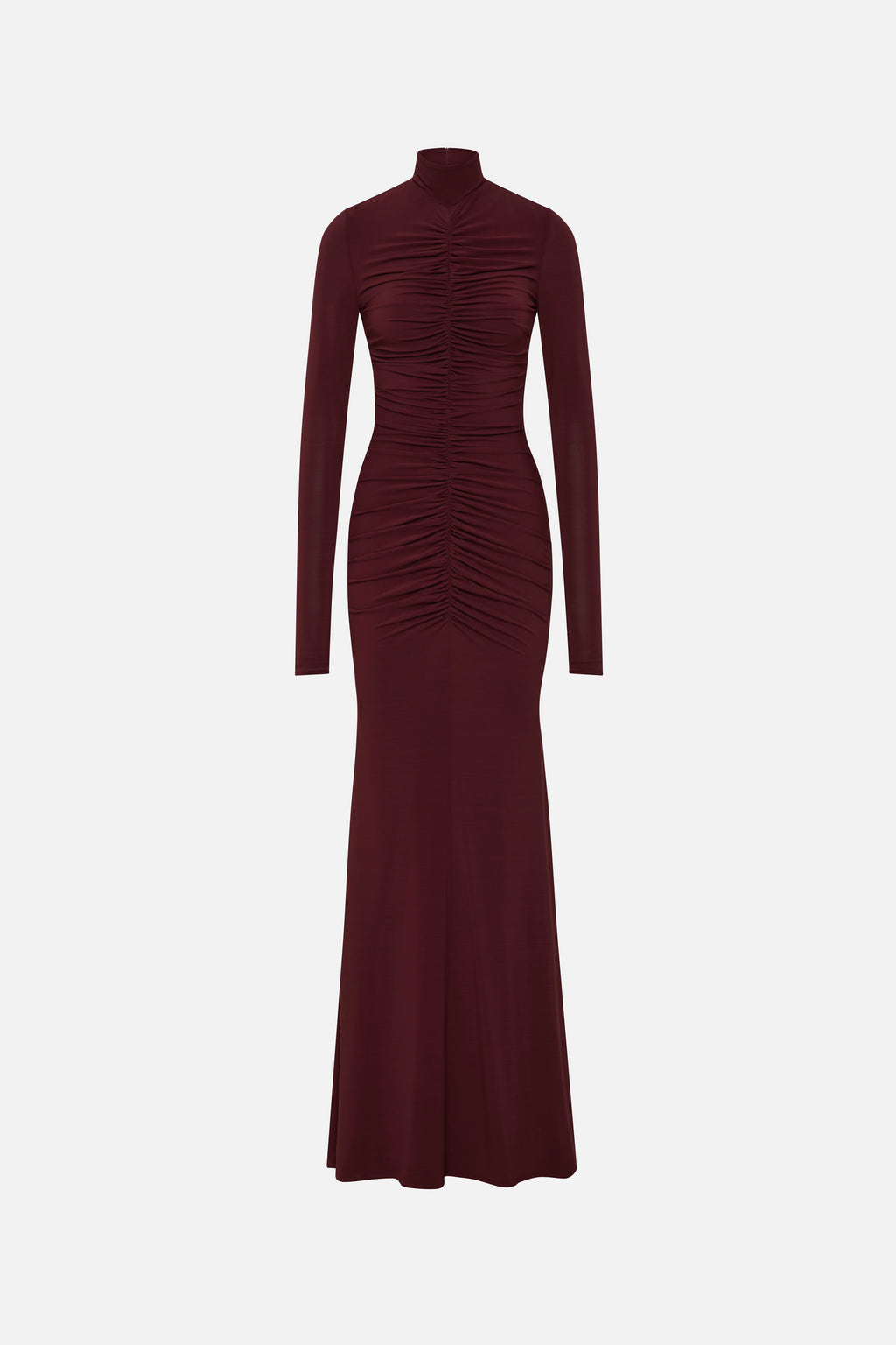 Maroon long-sleeve maxi dress with ruched center panel and mock neck, fitted