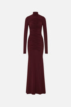 Maroon long-sleeve maxi dress with ruched center panel and mock neck, fitted