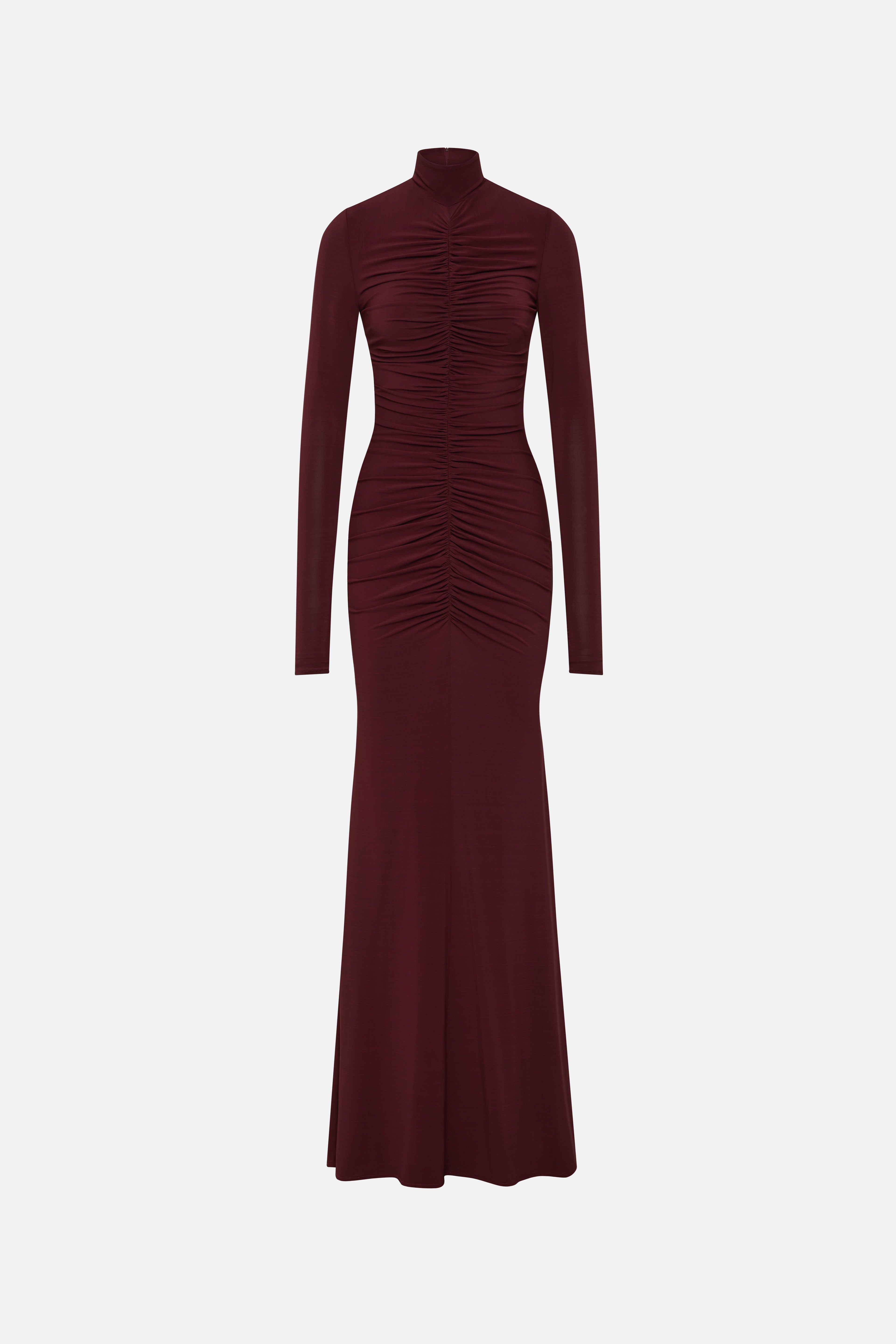 Maroon long-sleeve maxi dress with ruched center panel and mock neck, fitted