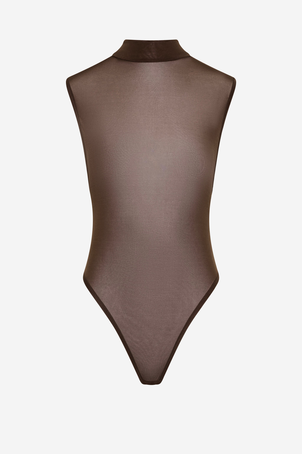 Chocolate brown sleeveless bodysuit with high mock neckline, smooth sheer fabric
