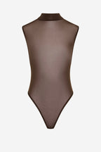 Chocolate brown sleeveless bodysuit with high mock neckline, smooth sheer fabric