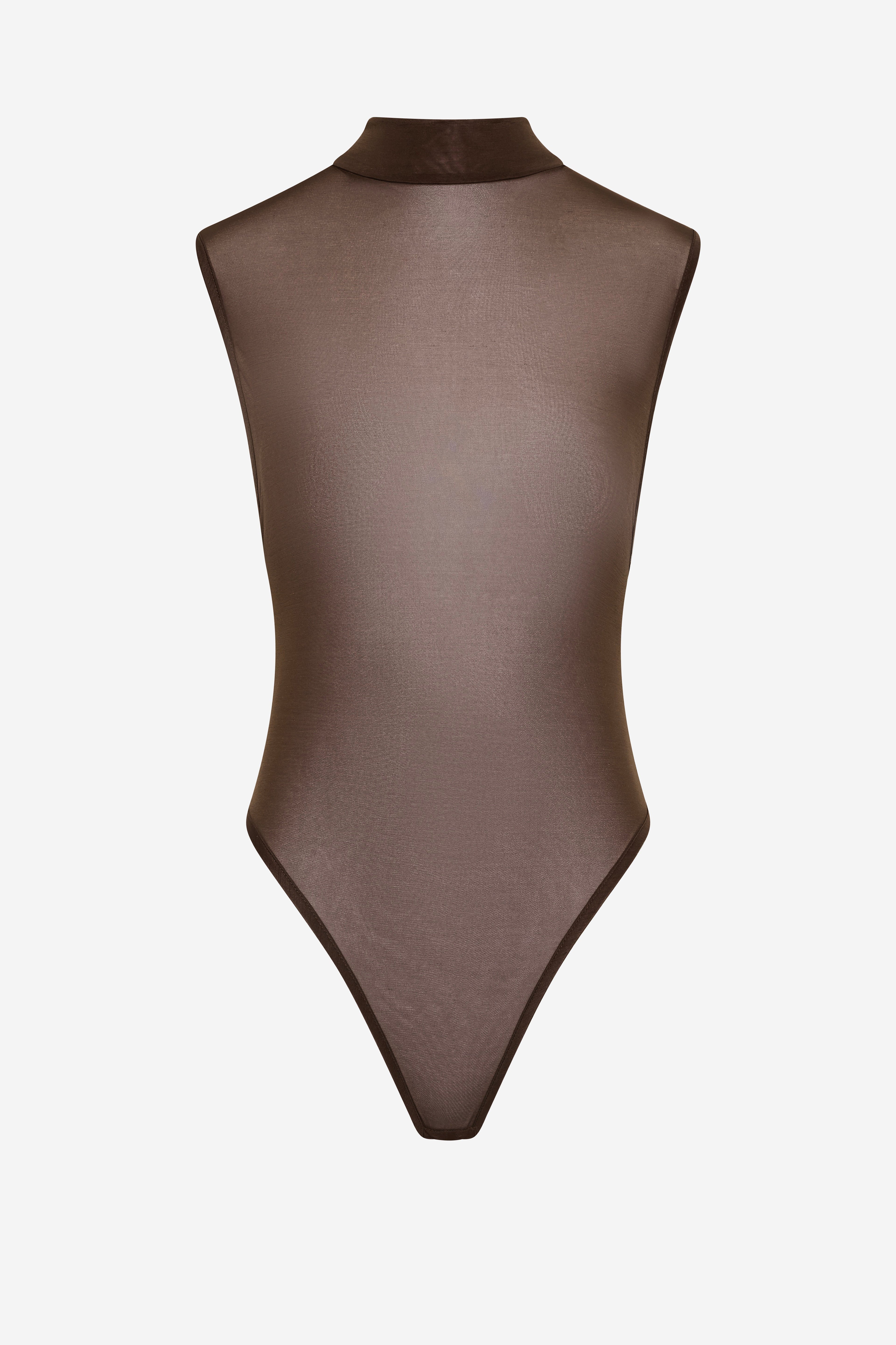 Chocolate brown sleeveless bodysuit with high mock neckline, smooth sheer fabric