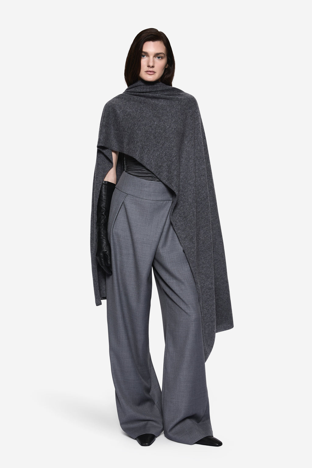 Dark charcoal cashmere scarf with draped wrap, fringeless edges