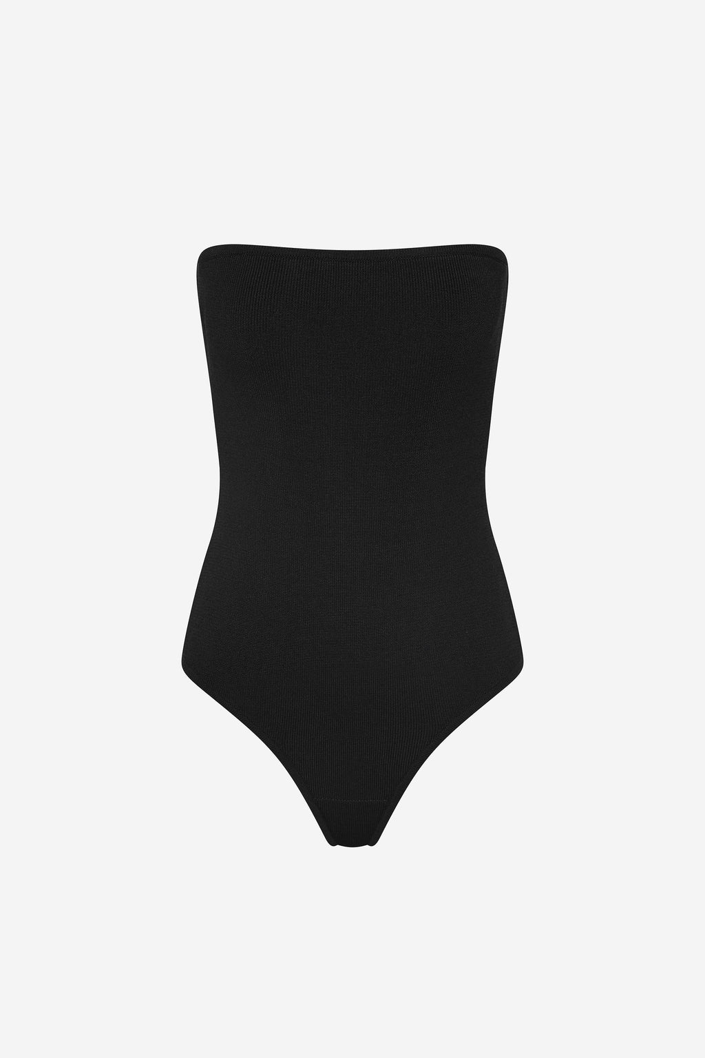 Black strapless knit bodysuit silhouette, high waist and short legs