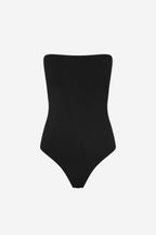 Black strapless knit bodysuit silhouette, high waist and short legs