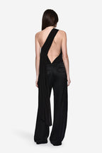 Black drape jersey one-shoulder bodysuit with deep open back and draped straps