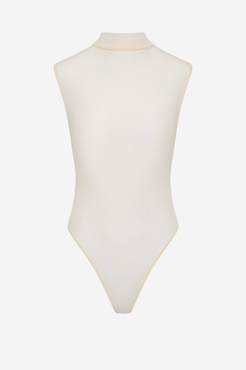 Sleeveless mock-neck bodysuit in whisper white, fitted stretch knit