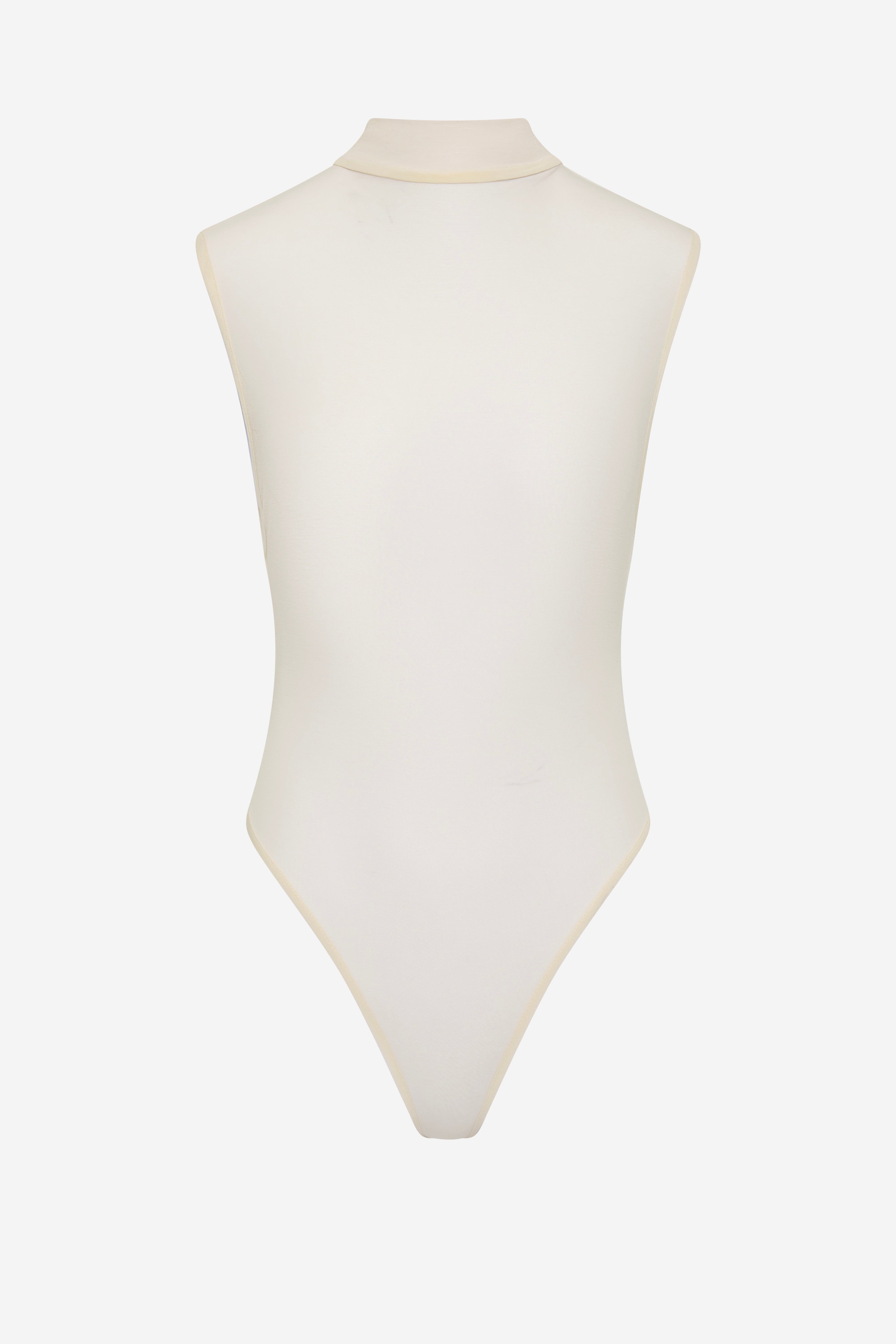 Sleeveless mock-neck bodysuit in whisper white, fitted stretch knit