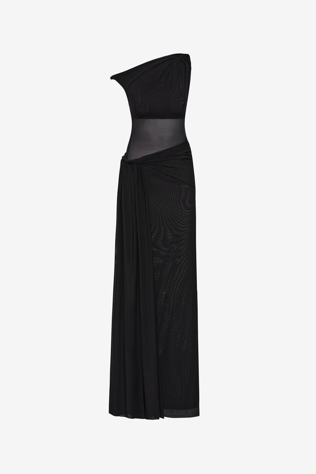 Black one-shoulder mesh maxi dress with fitted drape and sheer panels