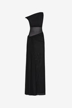 Black one-shoulder mesh maxi dress with fitted drape and sheer panels