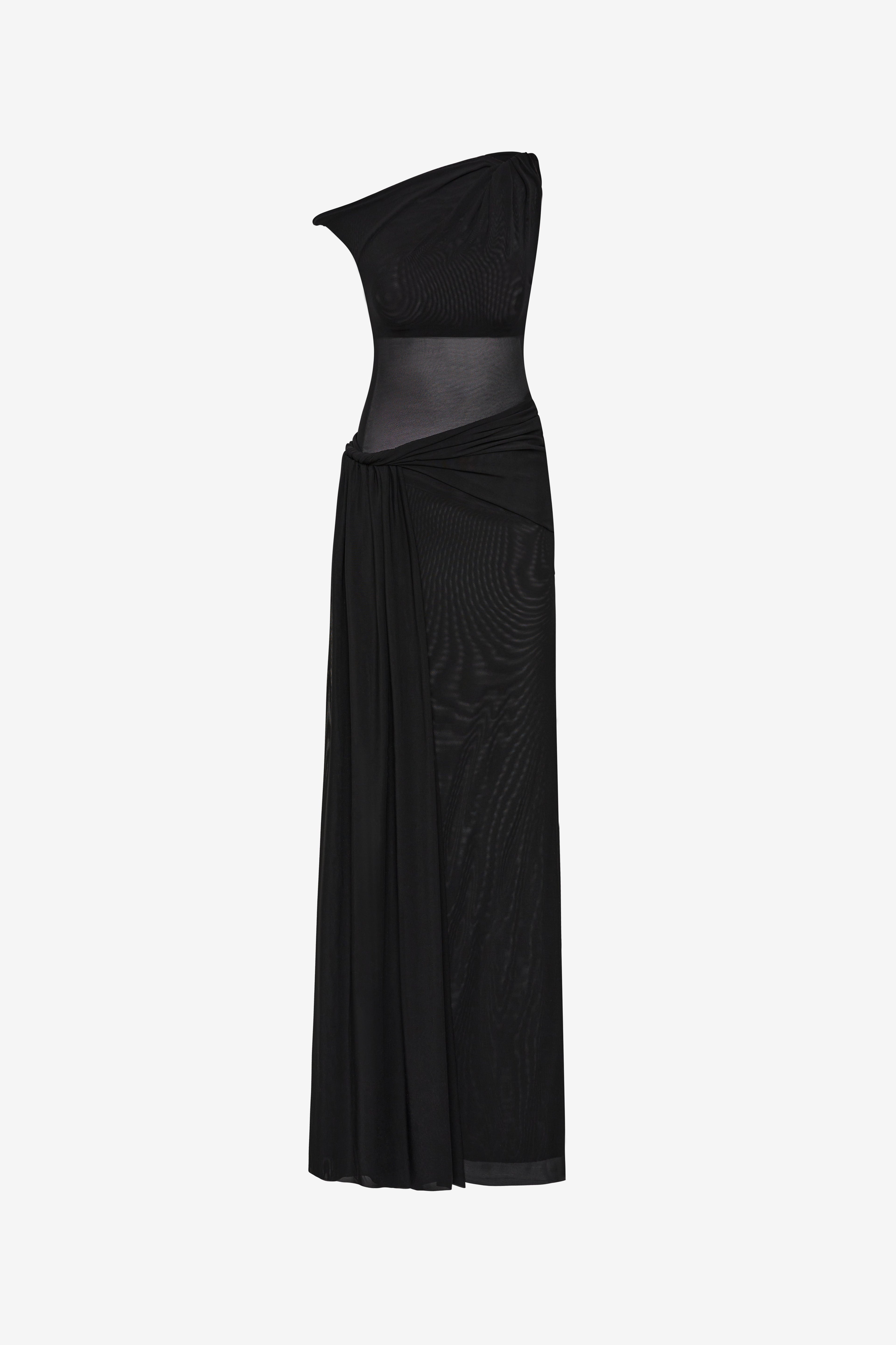 Black one-shoulder mesh maxi dress with fitted drape and sheer panels