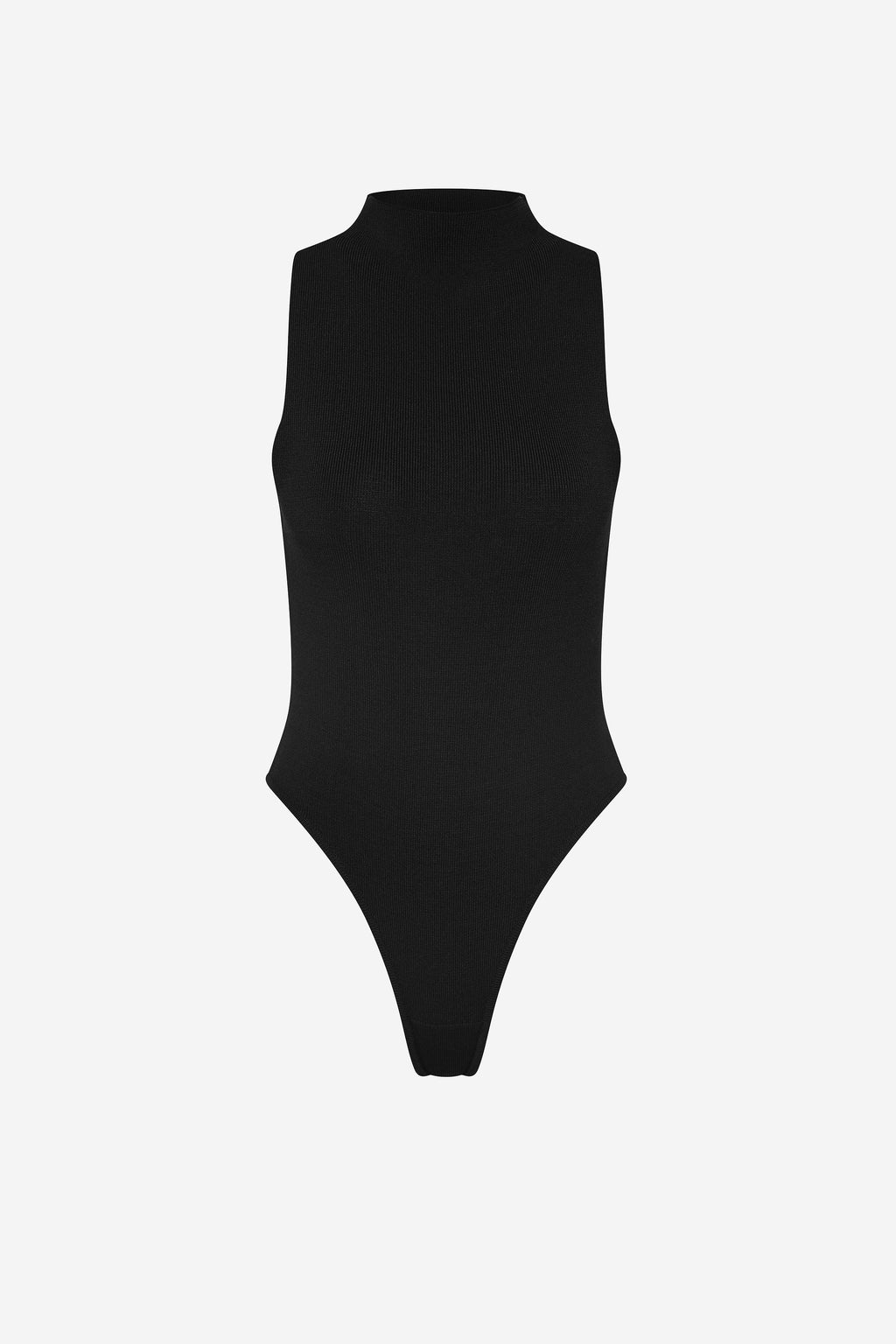Black sleeveless knit bodysuit with mock neck, fitted silhouette