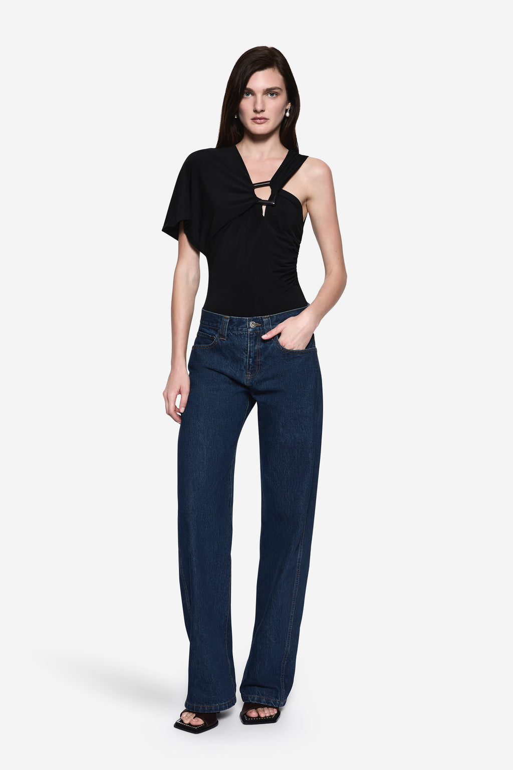 Black jersey bodysuit with short sleeves, one-shoulder neckline, ring cutout