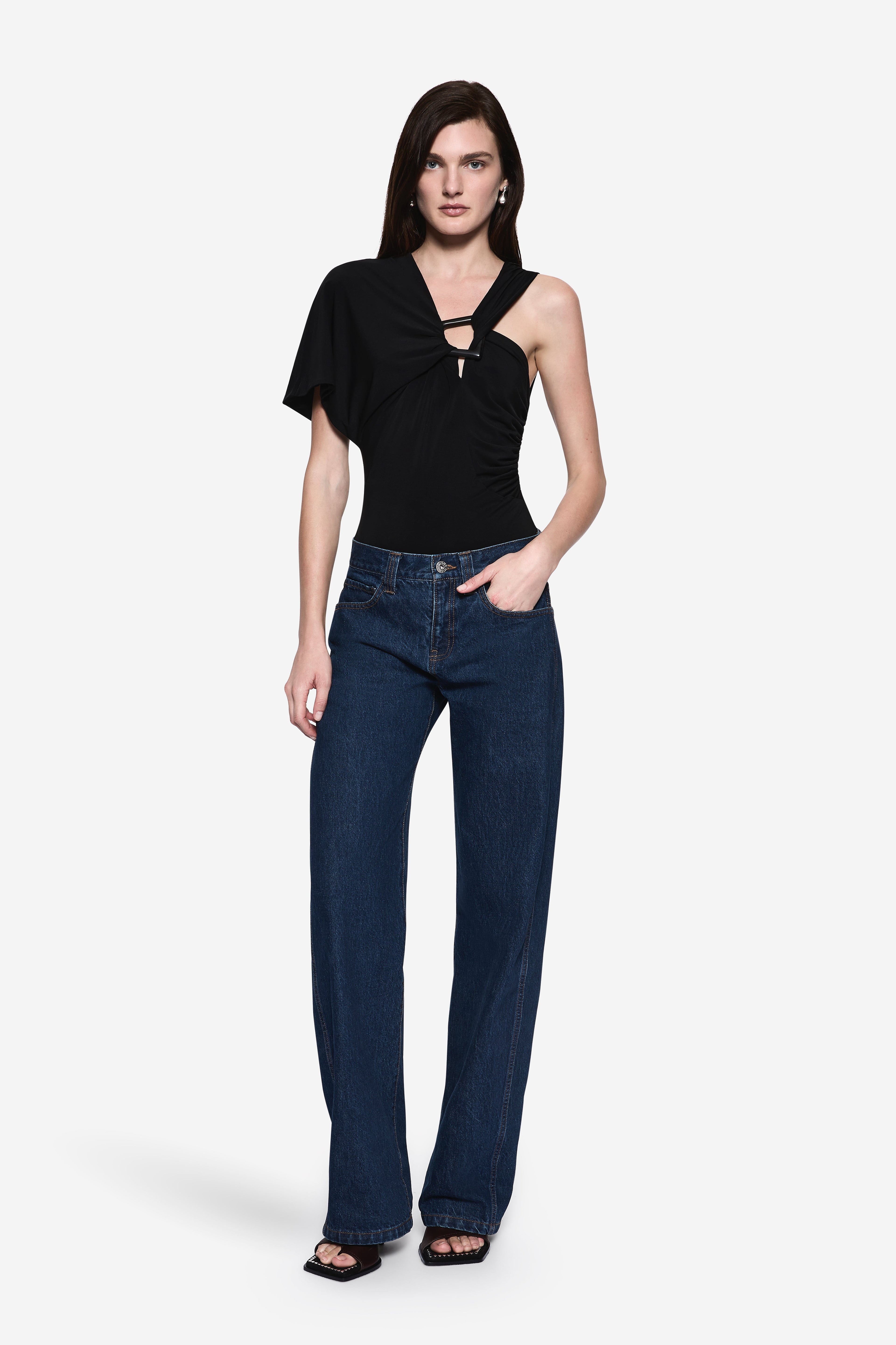 Black jersey bodysuit with short sleeves, one-shoulder neckline, ring cutout