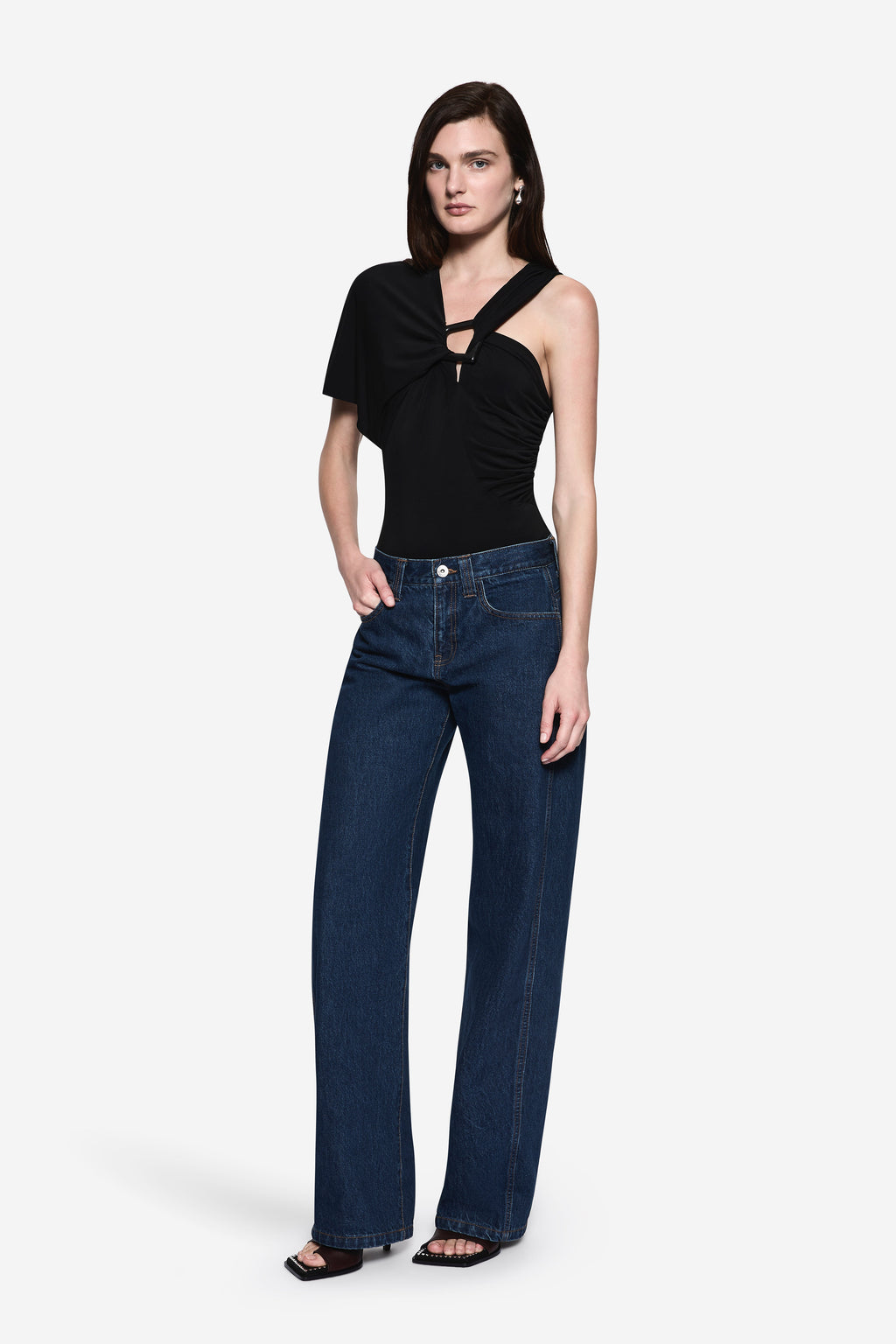 Black jersey bodysuit front view, short sleeves, one-shoulder neckline, ring cutout