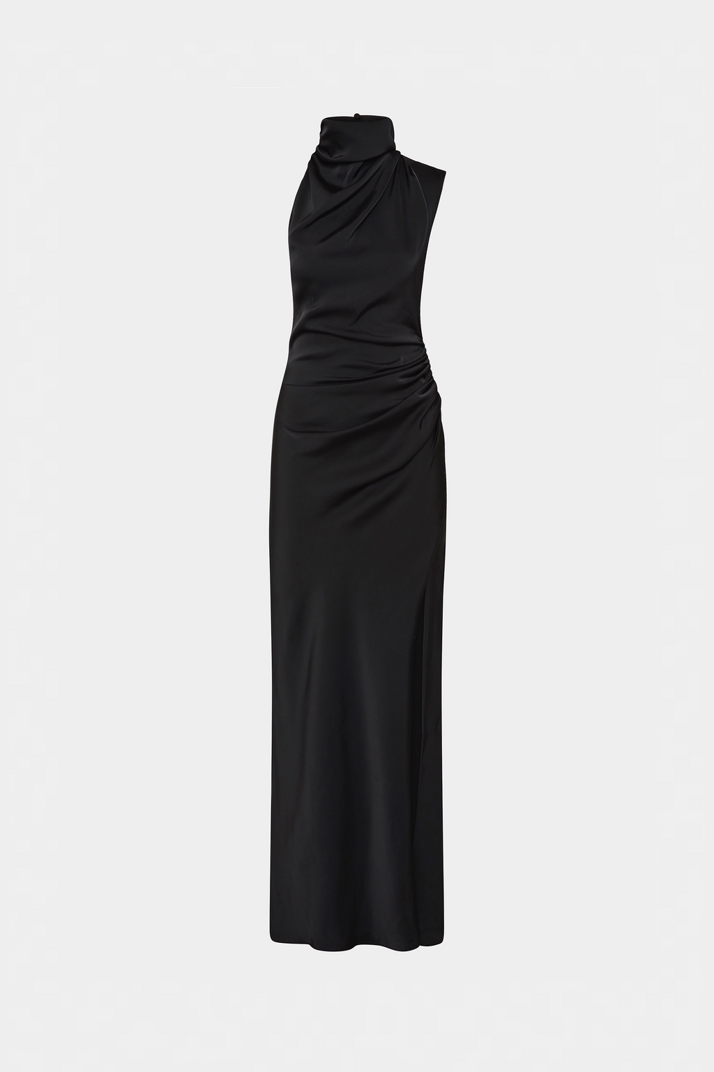 Black satin sleeveless maxi dress with draped high neck and ruched bodice