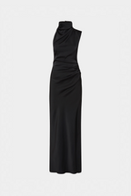 Black satin sleeveless maxi dress with draped high neck and ruched bodice