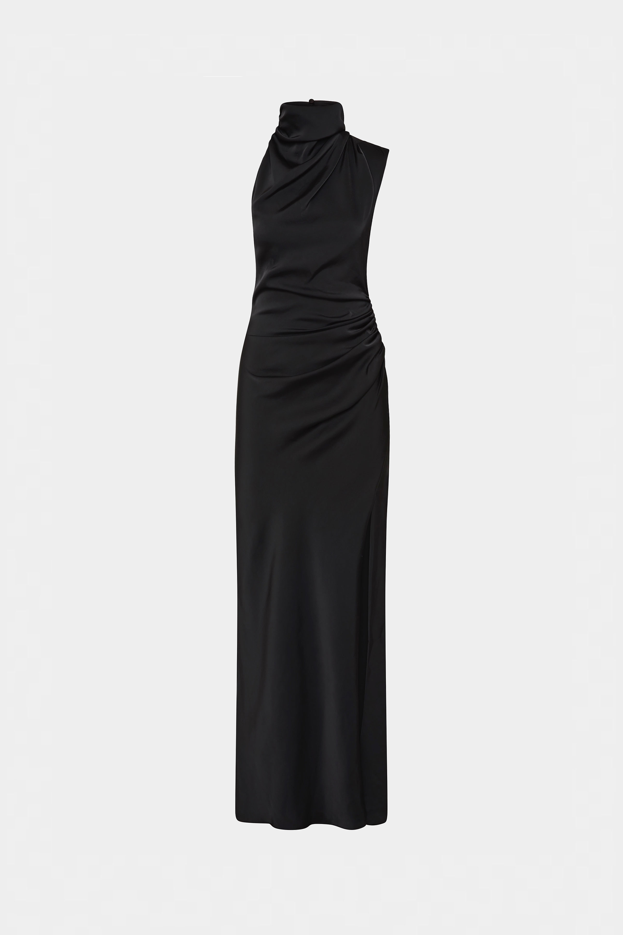 Black satin sleeveless maxi dress with draped high neck and ruched bodice