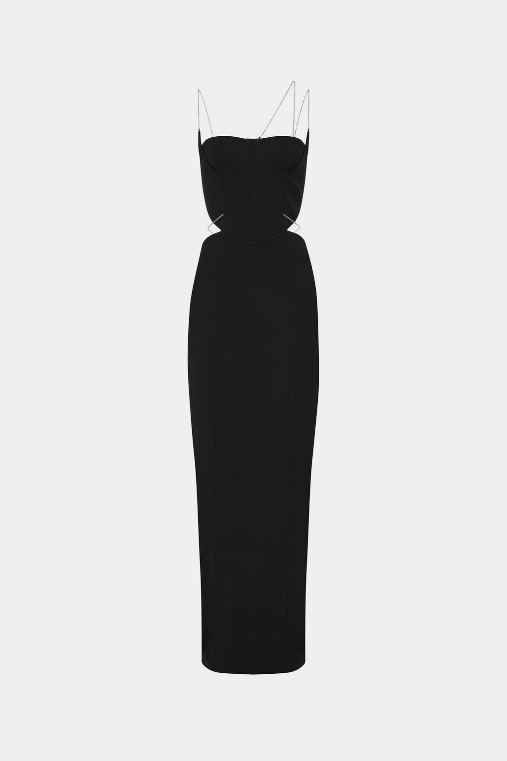Black strapless suiting dress with thin straps and corset-style bodice