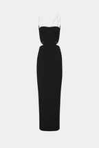 Black strapless suiting dress with thin straps and corset-style bodice