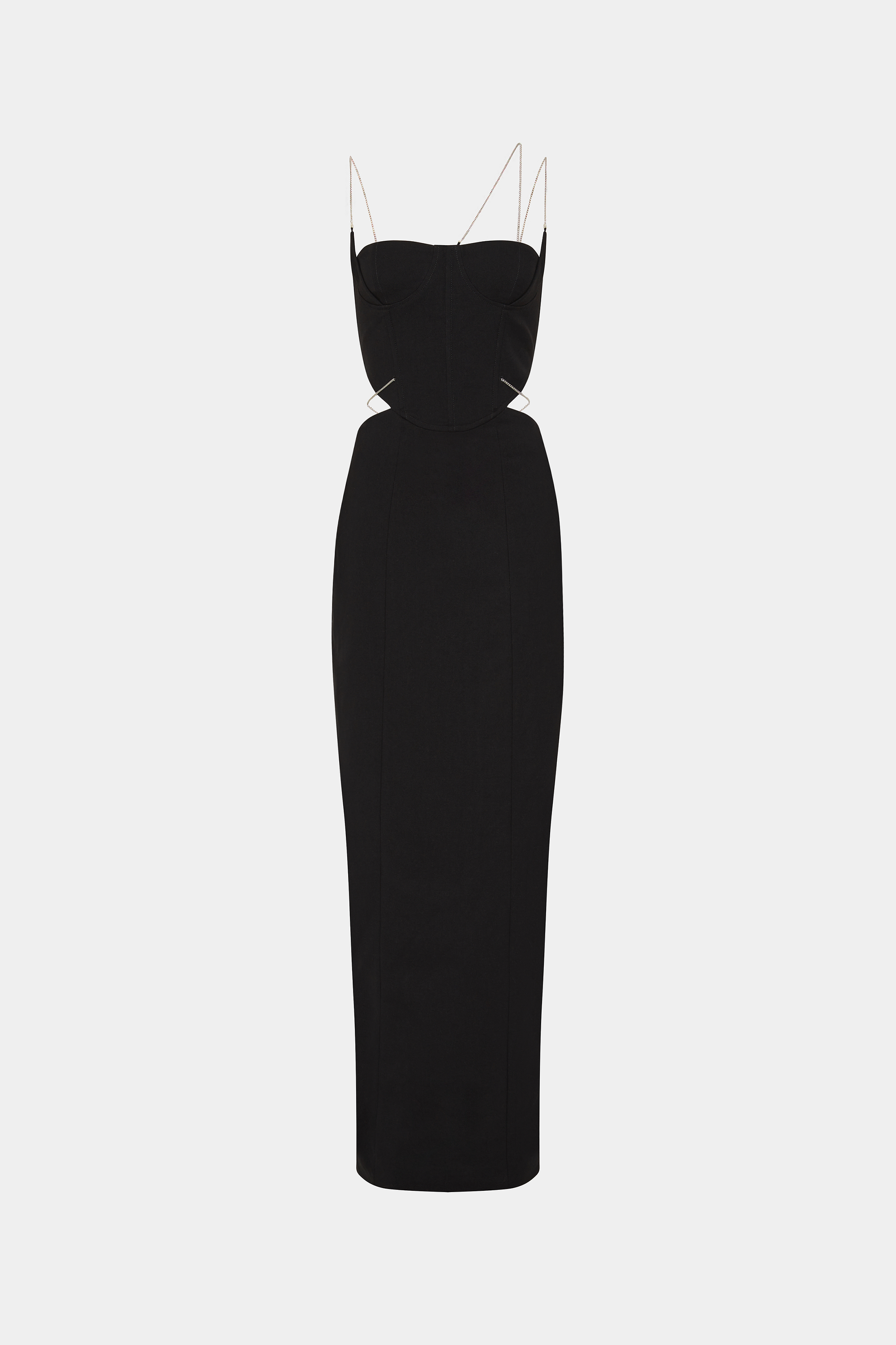 Black strapless suiting dress with thin straps and corset-style bodice