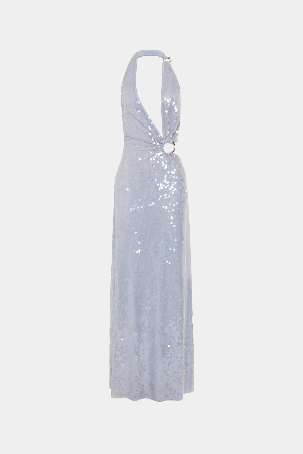 Cloud blue sequin halter maxi dress with open back and keyhole ring detail