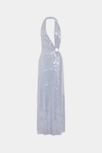 Cloud blue sequin halter maxi dress with open back and keyhole ring detail