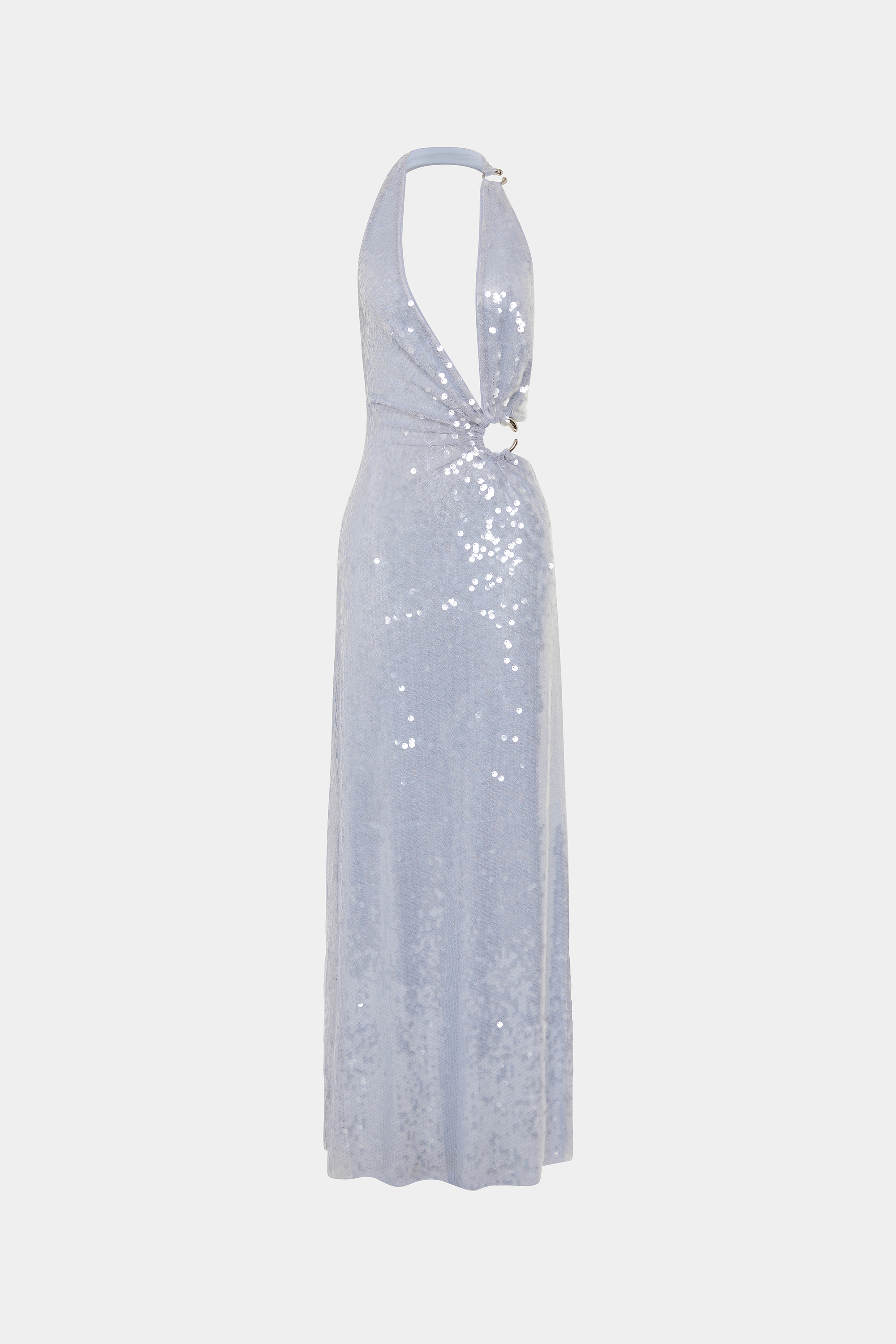 Cloud blue sequin halter maxi dress with open back and keyhole ring detail