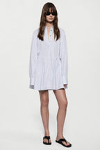 Blue striped cotton mini dress with button-front V-neck and long puff sleeves