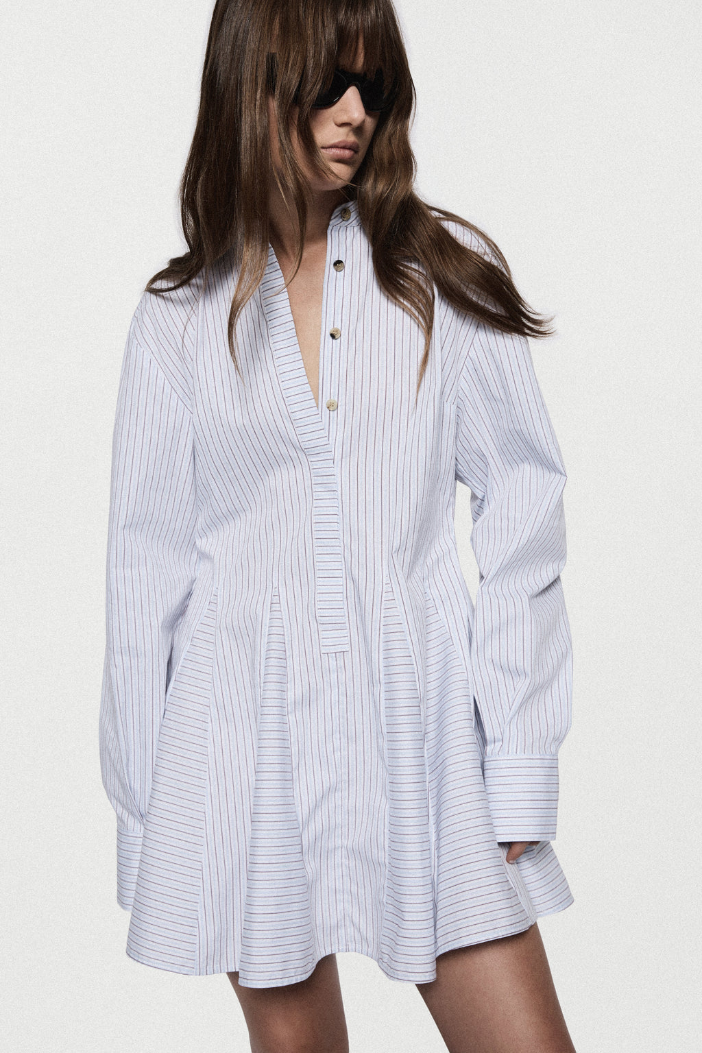 Blue striped cotton mini dress with collared V-neck, front buttons, long sleeves