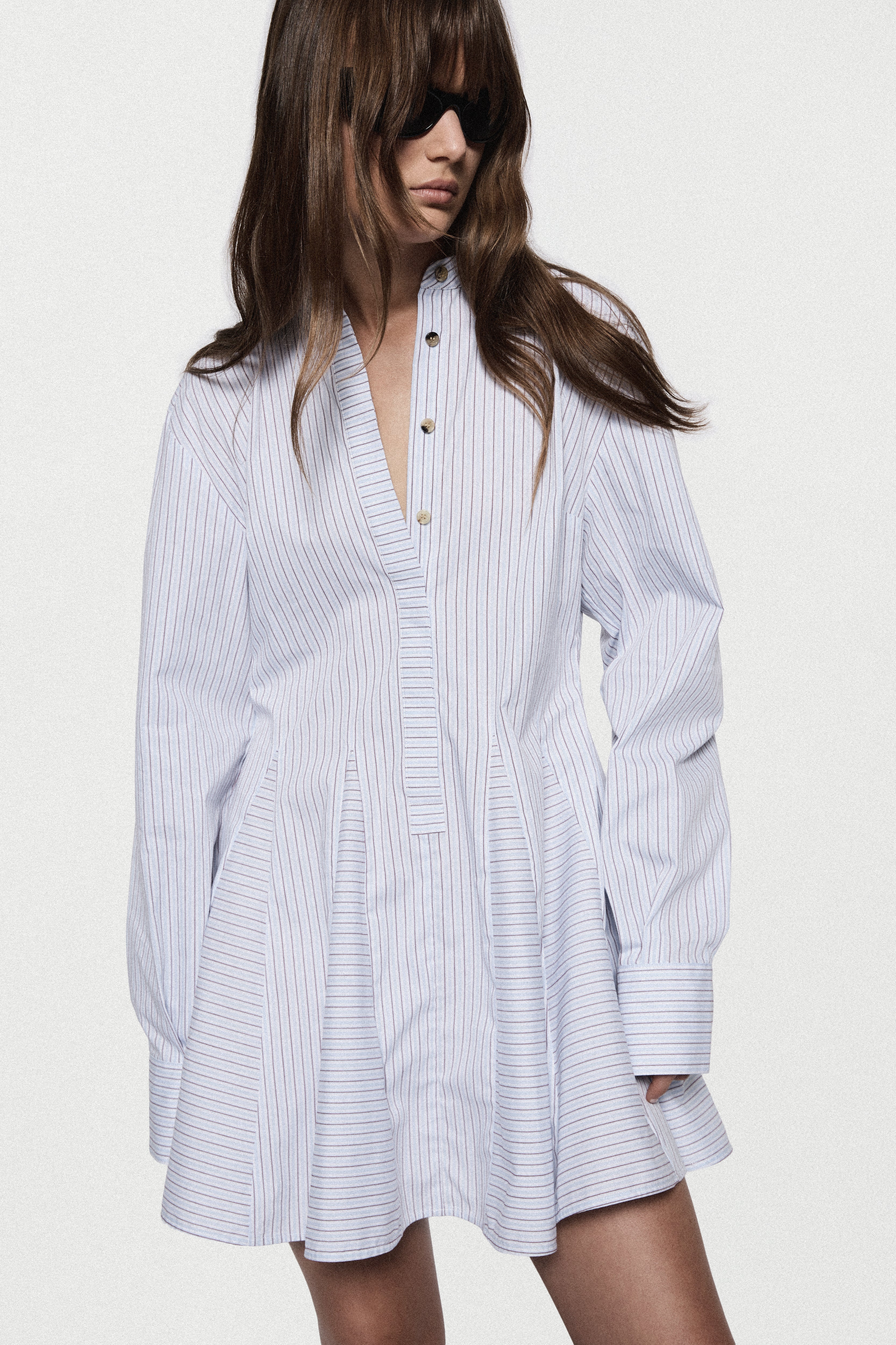 Blue striped cotton mini dress with collared V-neck, front buttons, long sleeves