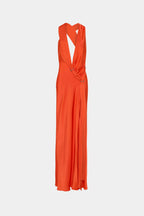 Chilli orange satin maxi dress, V-back and gathered waist with tie detail