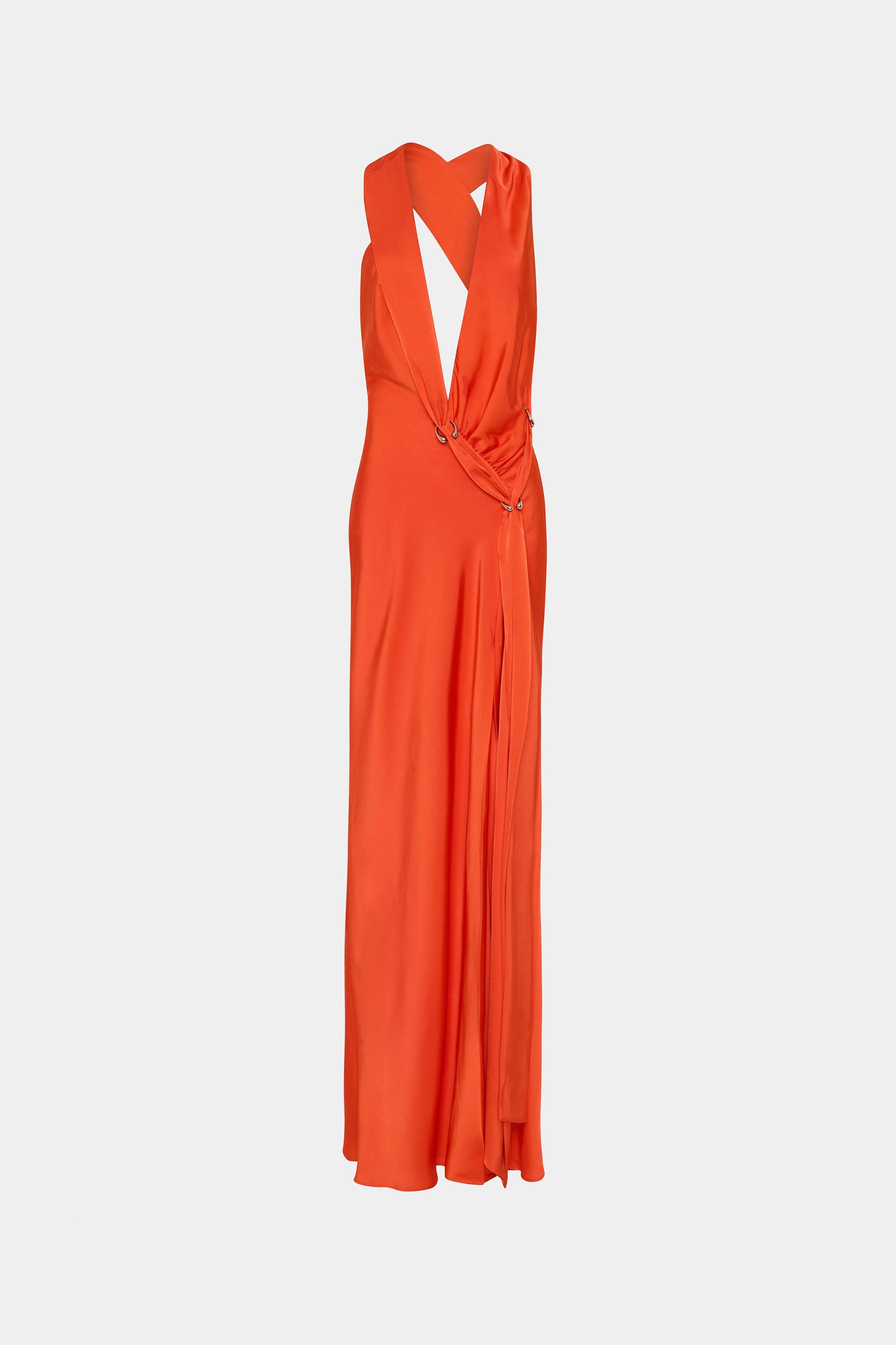 Chilli orange satin maxi dress, V-back and gathered waist with tie detail