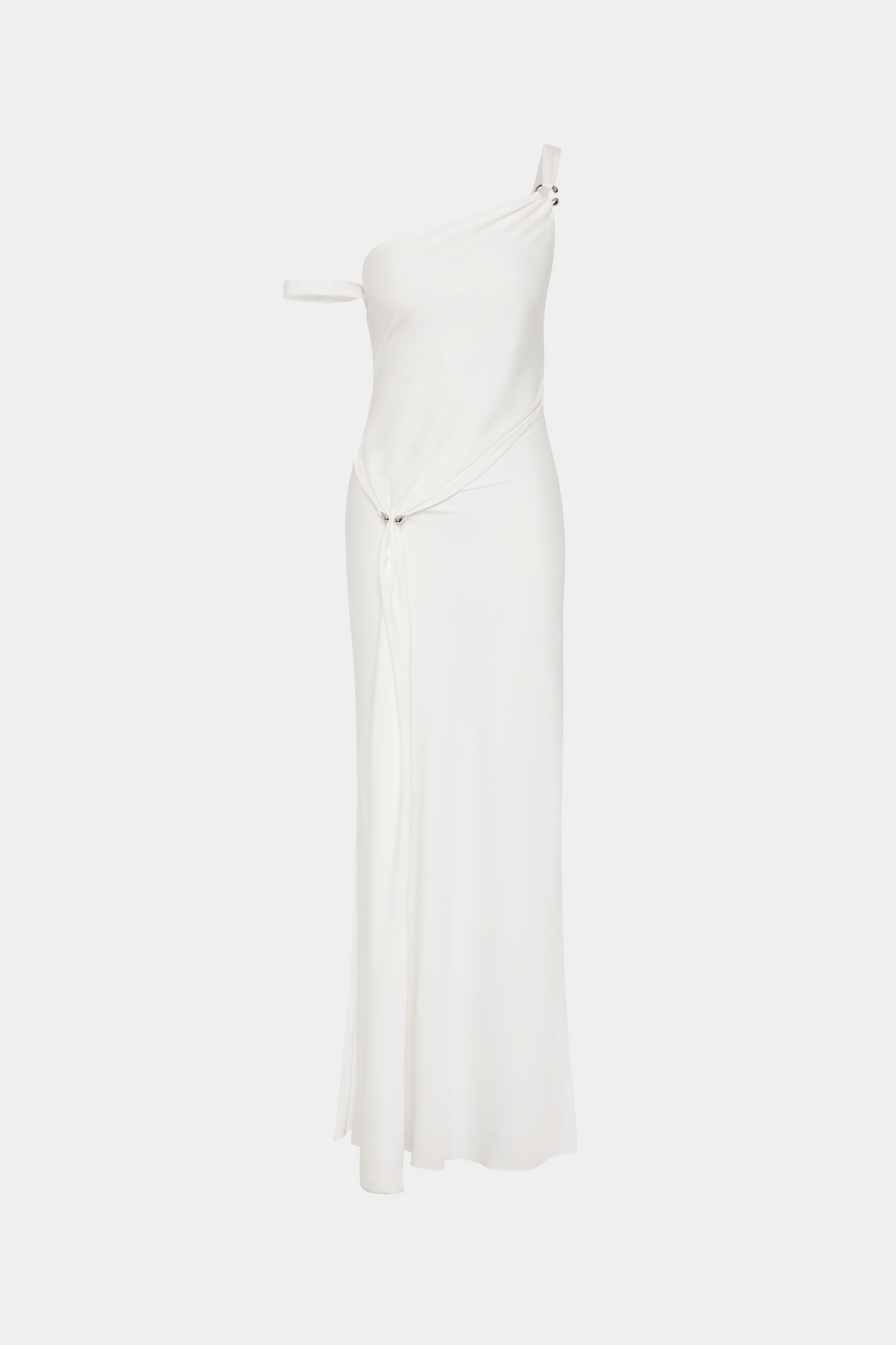 Ivory satin slip dress with draped one-shoulder neckline and tie detail at waist