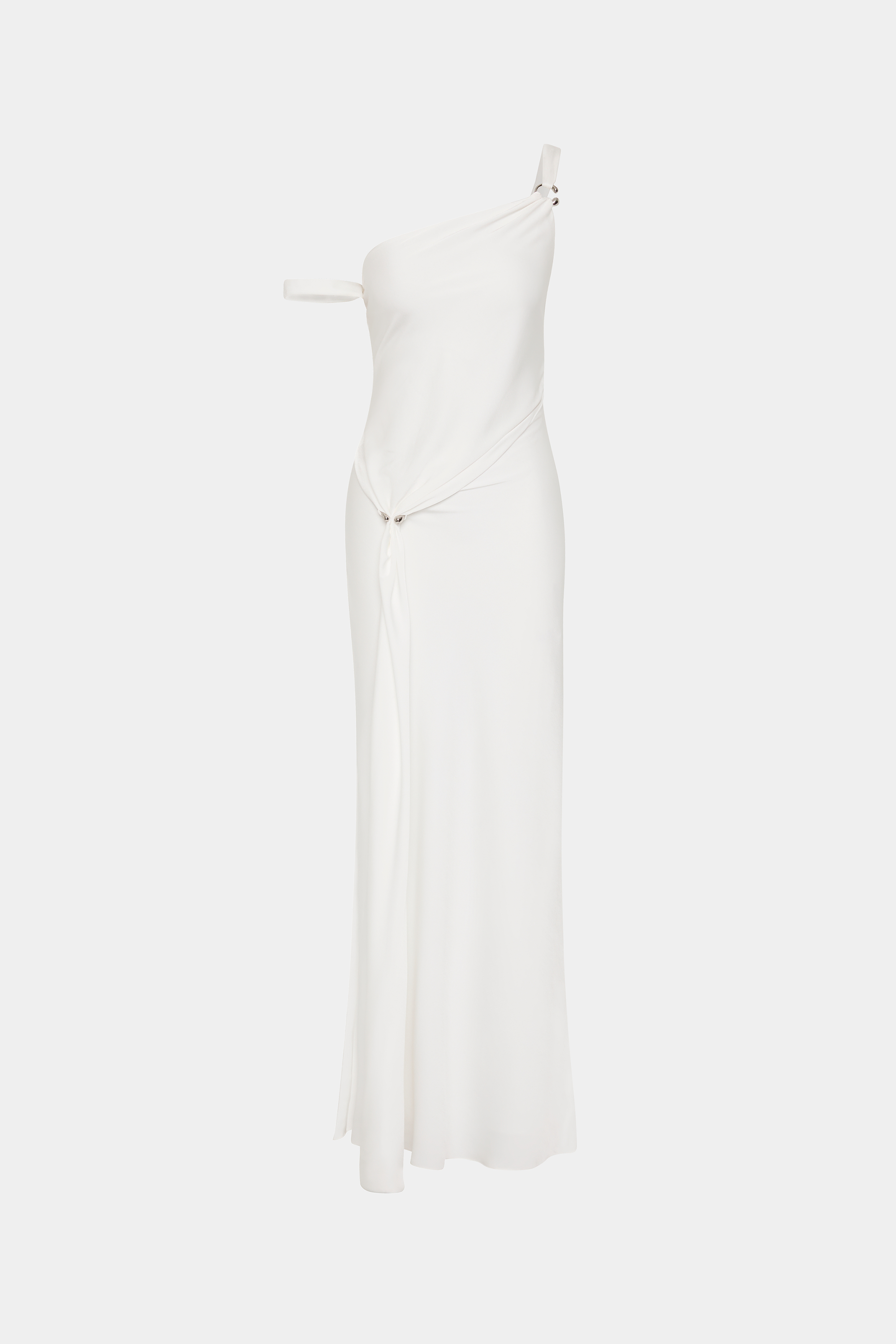 Ivory satin slip dress with draped one-shoulder neckline and tie detail at waist