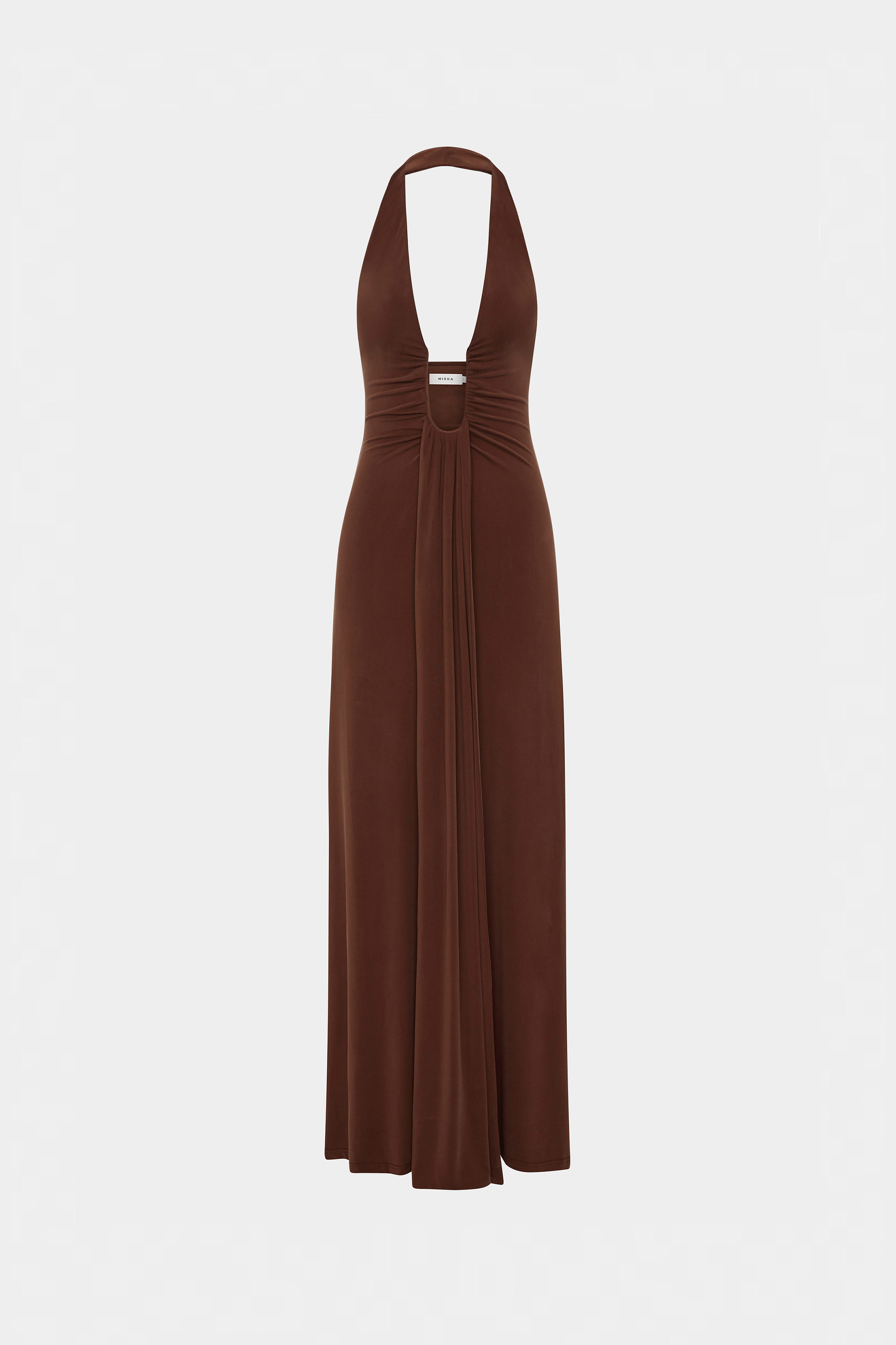 Cedar cupro maxi dress back view with gathered bow and open back