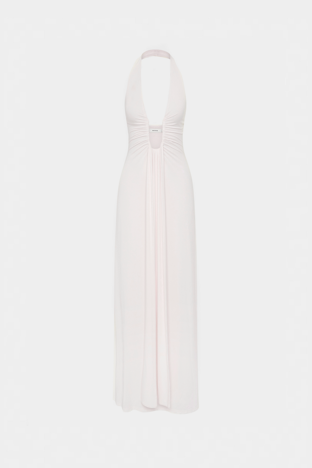 Ivory backless cupro maxi dress with V-shaped open back and seam detail