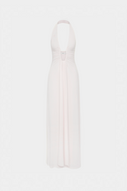 Ivory backless cupro maxi dress with V-shaped open back and seam detail