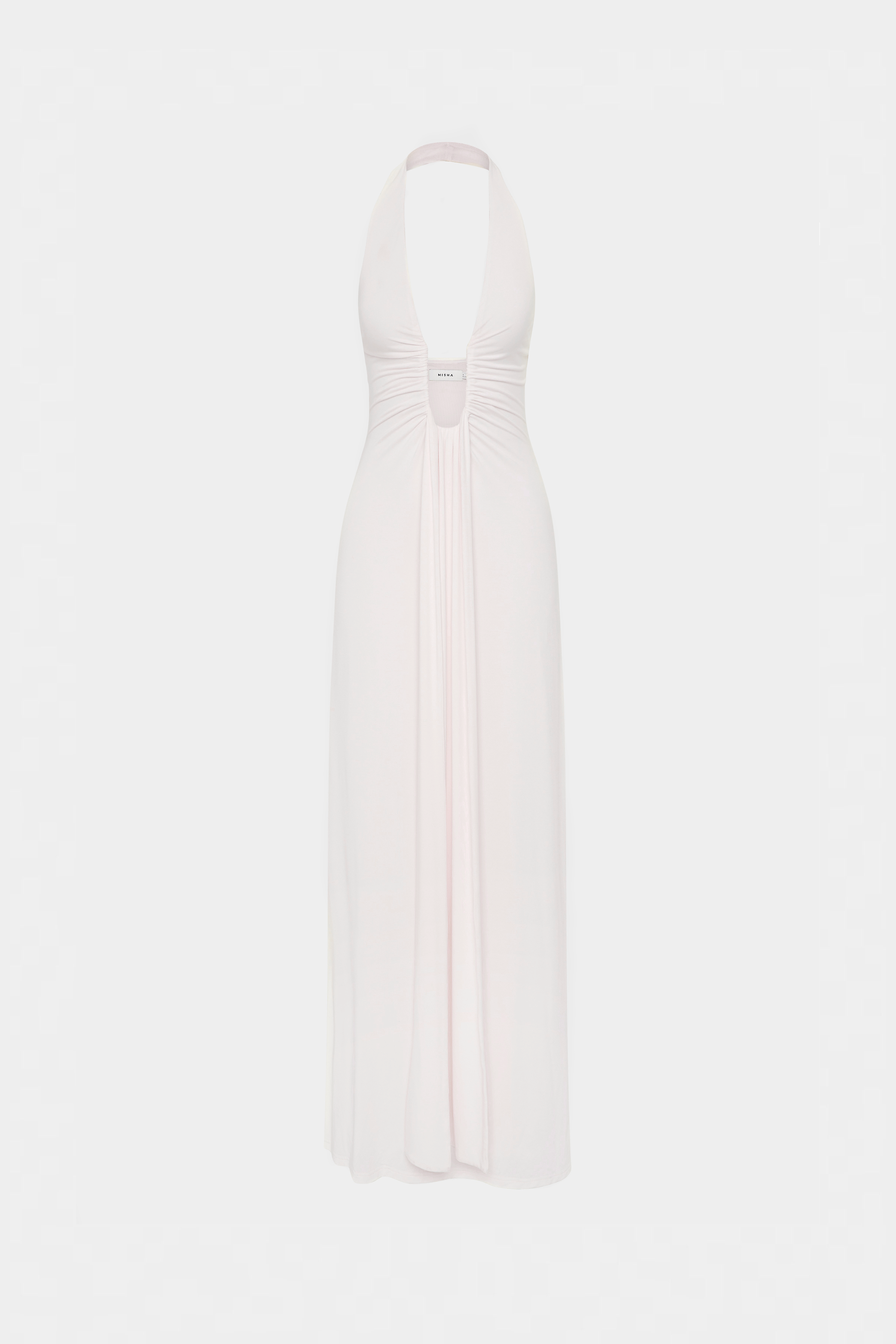 Ivory backless cupro maxi dress with V-shaped open back and seam detail
