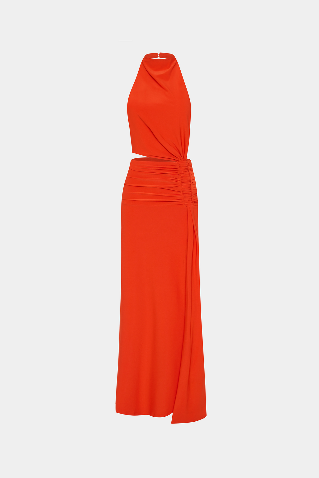 Sleeveless jersey dress with halter neckline, draped bodice, and side ruching in chili red
