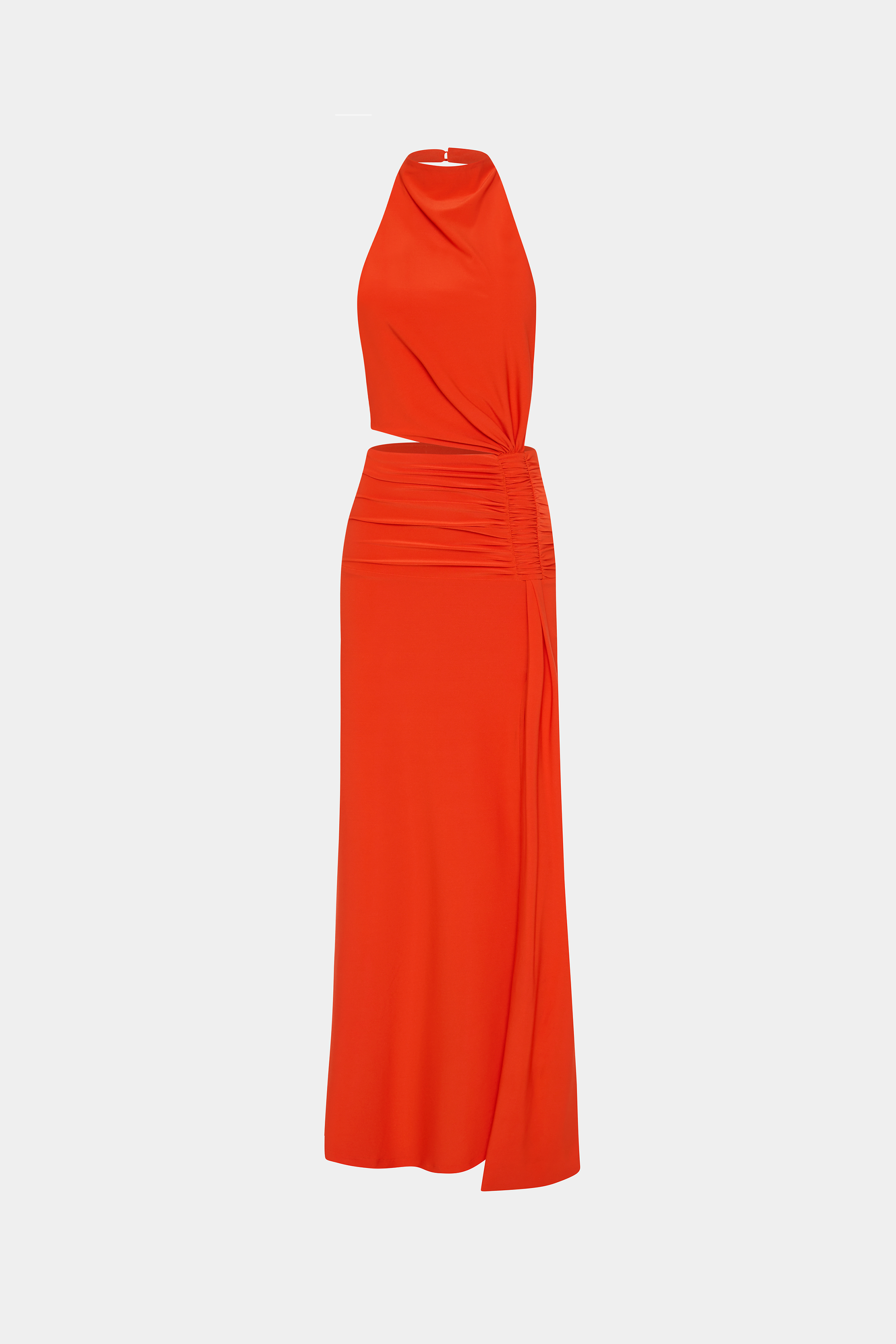 Sleeveless jersey dress with halter neckline, draped bodice, and side ruching in chili red