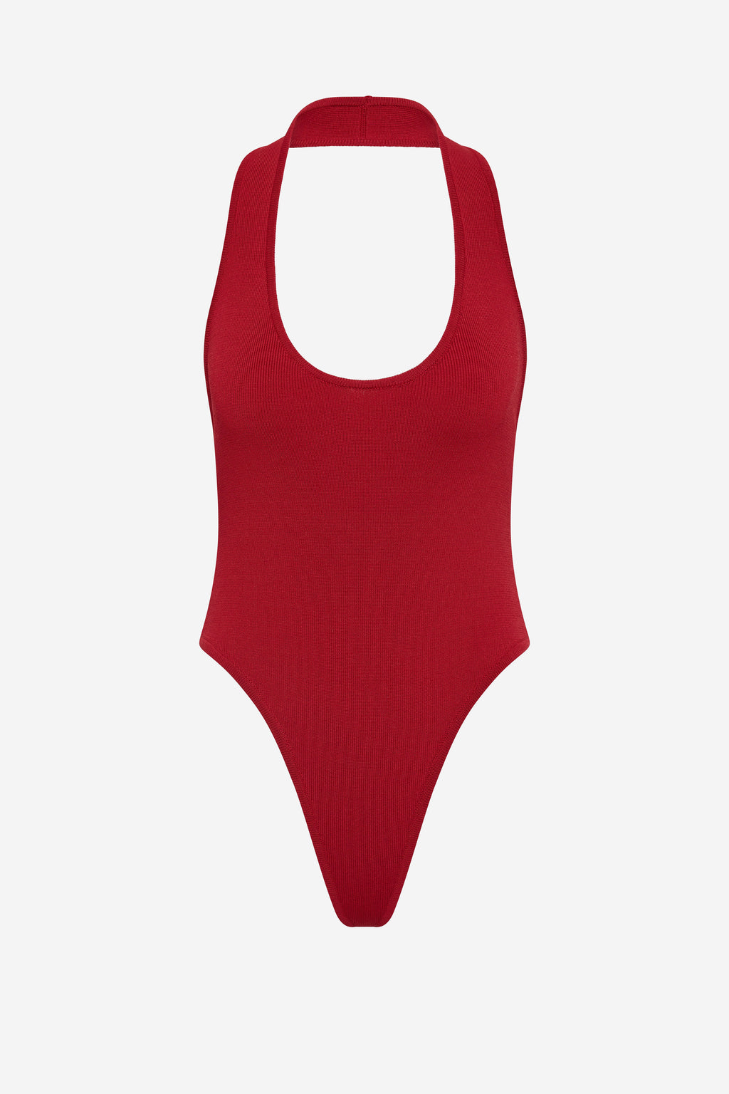 Cherry red knit halter bodysuit with deep scoop front and high-cut leg