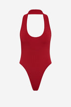 Cherry red knit halter bodysuit with deep scoop front and high-cut leg