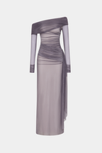 Draped off-shoulder mesh dress with long sheer sleeves and column skirt in dark gray-lilac.